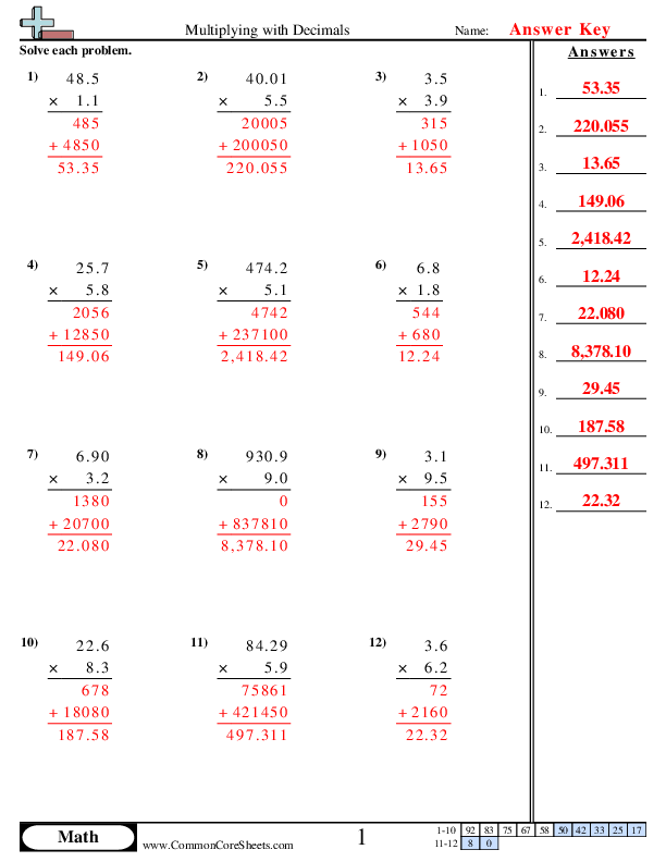  - Multiplying Decimals (vertical) worksheet